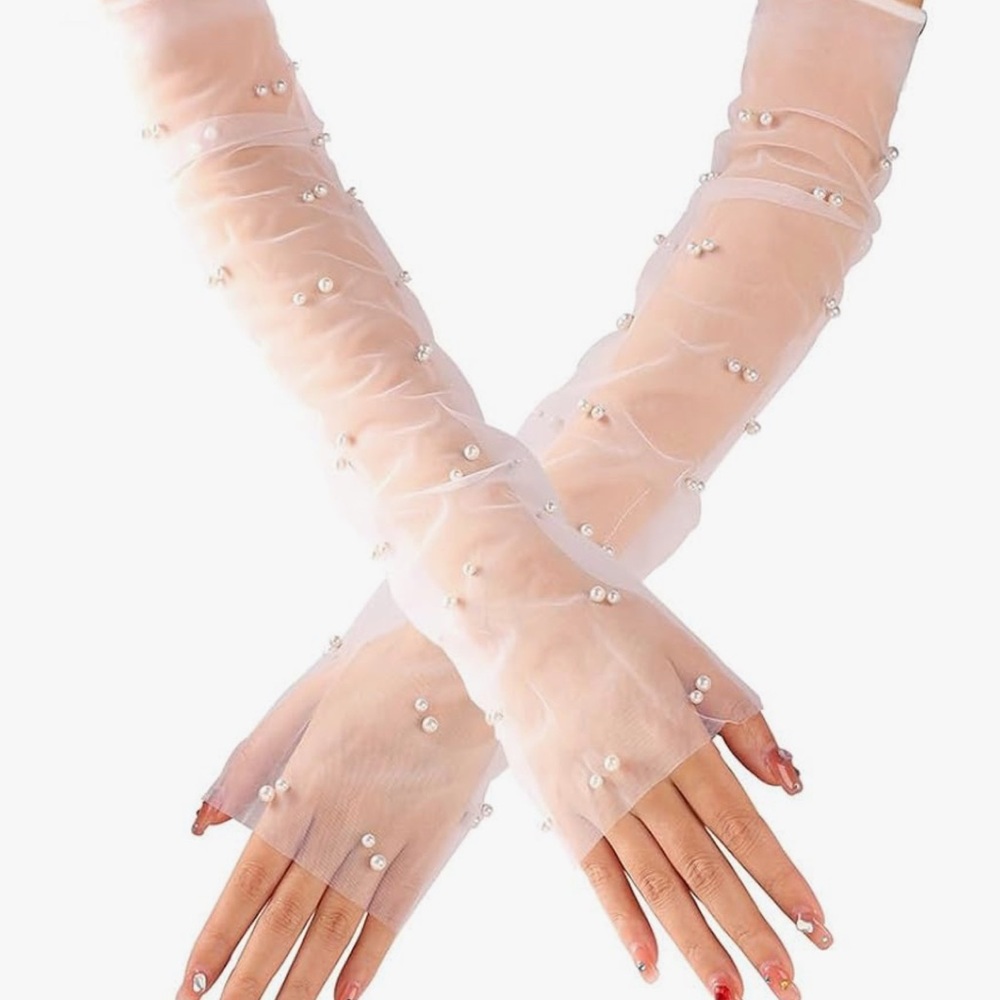 NWT Long Pearl-Embellished Tulle Sheer Gloves